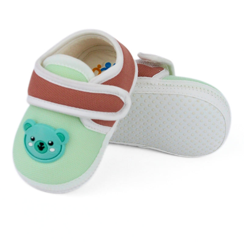 Baby Unisex Cotton Bear Face Green,Brown Velcro Booties-BT5312