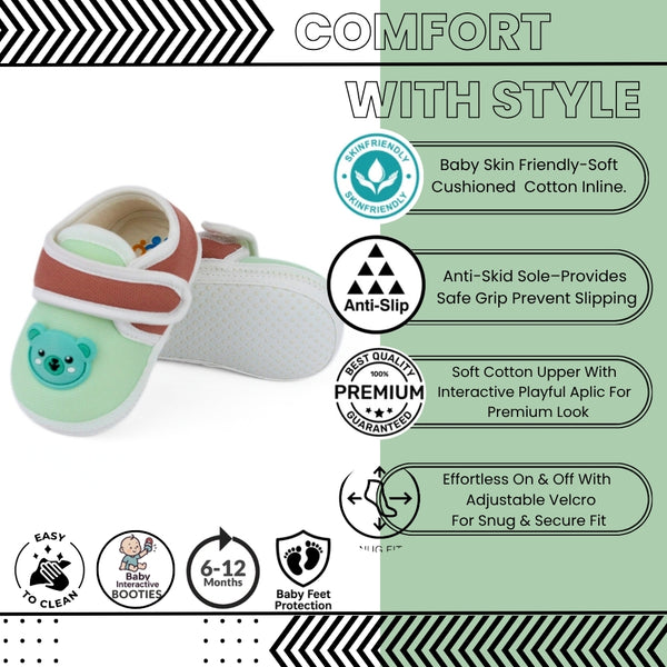 Baby Unisex Cotton Bear Face Green,Brown Velcro Booties-BT5312
