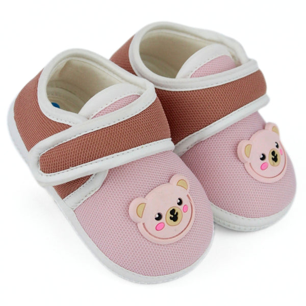 Baby Unisex Cotton Bear Face Pink,Brown Velcro Booties-BT5313