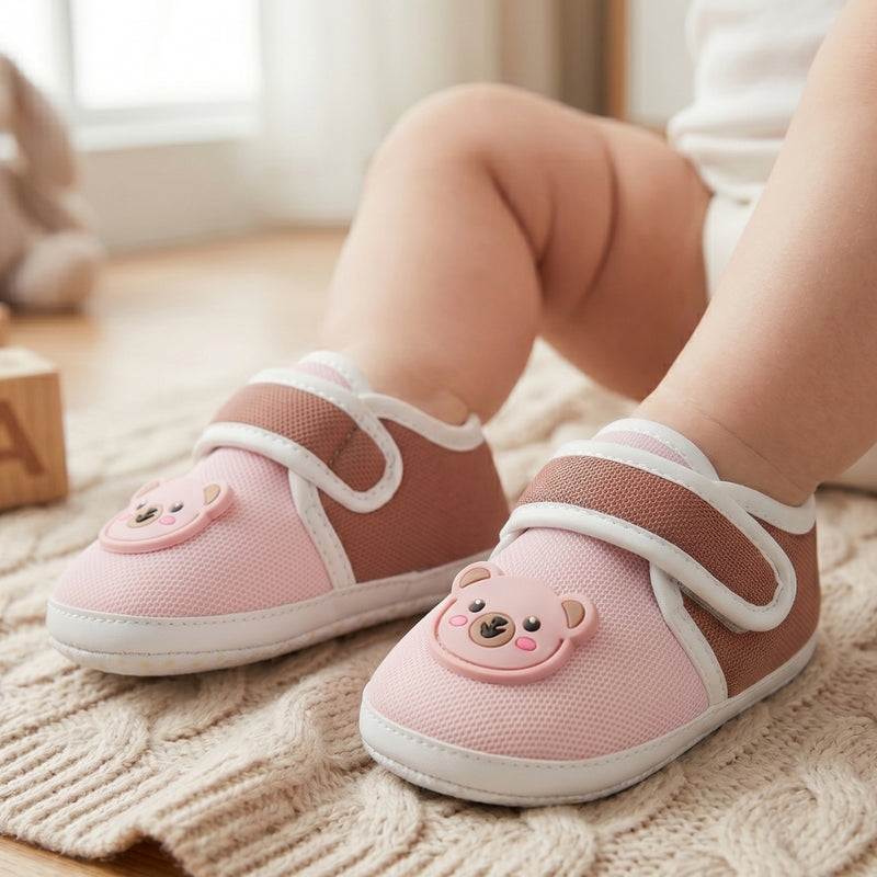 Baby Unisex Cotton Bear Face Pink,Brown Velcro Booties-BT5313