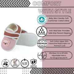 Baby Unisex Cotton Bear Face Pink,Brown Velcro Booties-BT5313