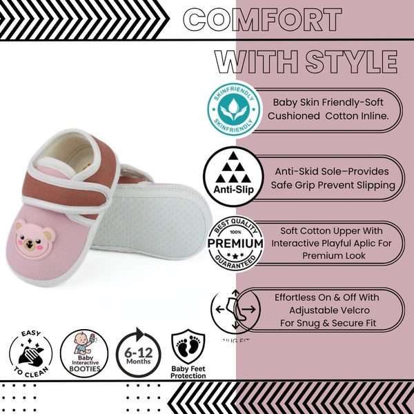 Baby Unisex Cotton Bear Face Pink,Brown Velcro Booties-BT5313