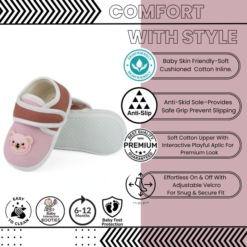 Baby Unisex Cotton Bear Face Pink,Brown Velcro Booties-BT5313