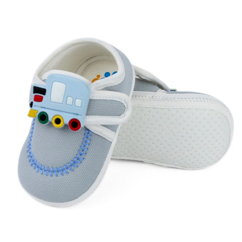 Baby Unisex Cotton Train Grey Velcro Booties-BT5317