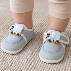 Baby Unisex Cotton Train Grey Velcro Booties-BT5317
