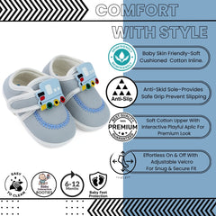 Baby Unisex Cotton Train Grey Velcro Booties-BT5317