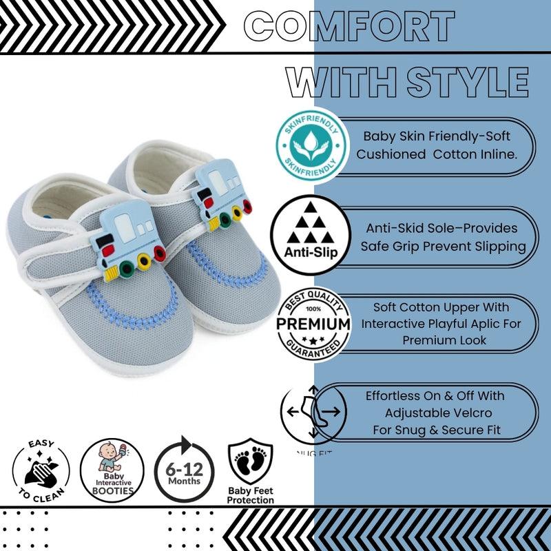 Baby Unisex Cotton Train Grey Velcro Booties-BT5317