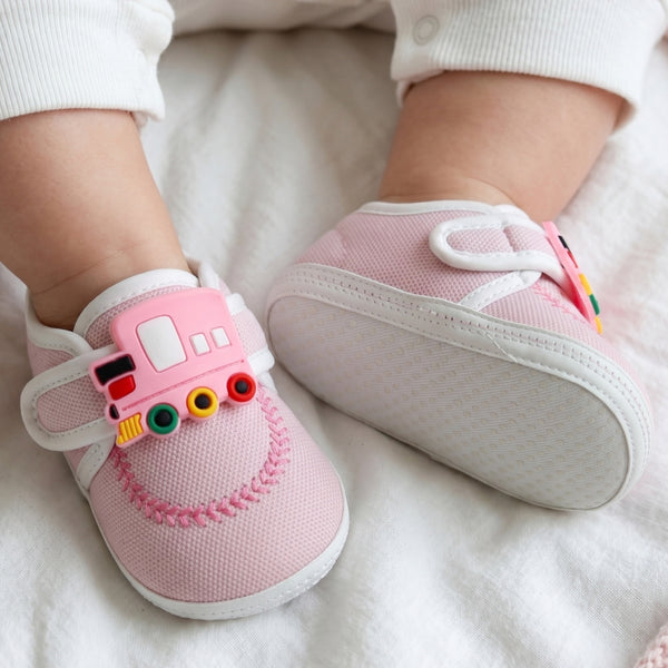 Baby Unisex Cotton Train Pink Velcro Booties-BT5318