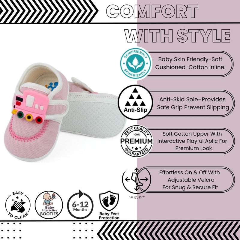 Baby Unisex Cotton Train Pink Velcro Booties-BT5318