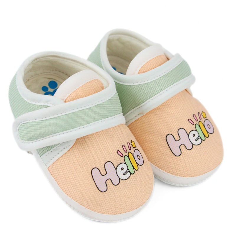 Unisex Cotton Hello Baby Orange,Green Velcro Booties-BT5321