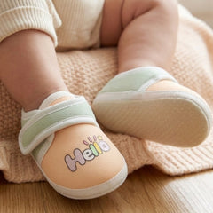 Unisex Cotton Hello Baby Orange,Green Velcro Booties-BT5321