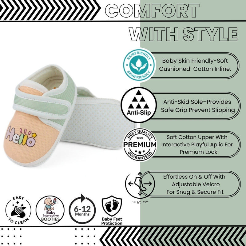 Unisex Cotton Hello Baby Orange,Green Velcro Booties-BT5321
