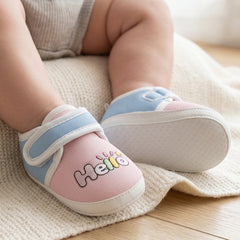 Unisex Cotton Hello Baby Pink,Blue Velcro Booties-BT5322