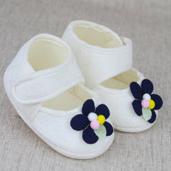 Baby Girls Cotton Floral White,Blue Velcro Belly Booties-BT5325