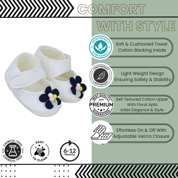 Baby Girls Cotton Floral White,Blue Velcro Belly Booties-BT5325