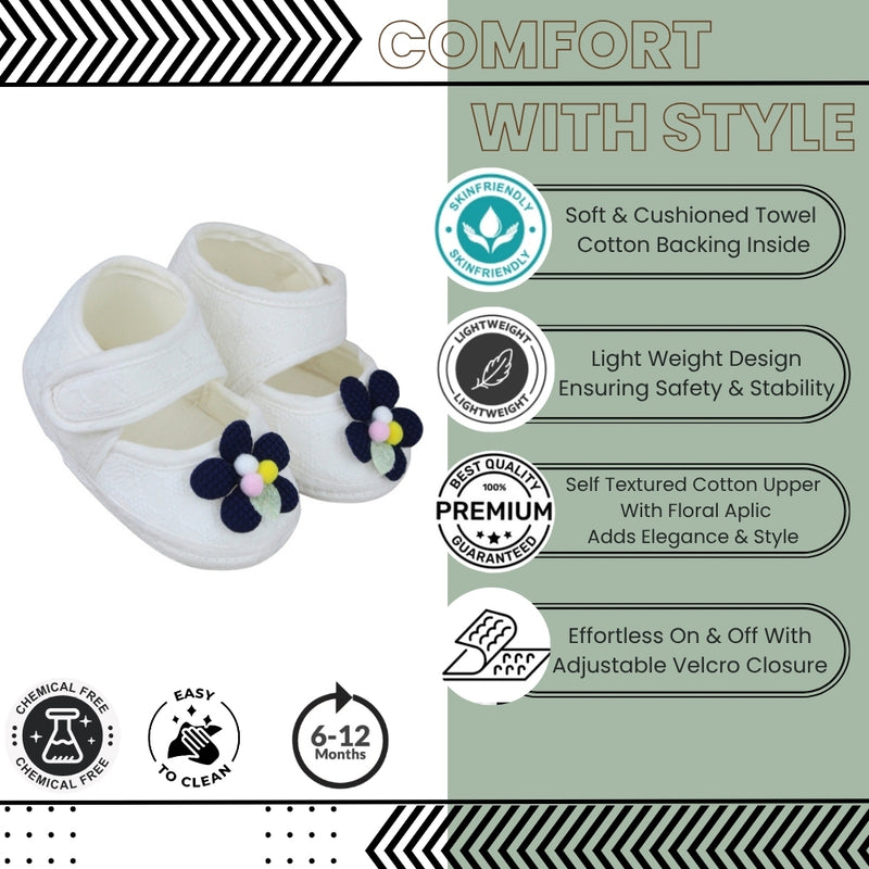 Baby Girls Cotton Floral White,Blue Velcro Belly Booties-BT5325
