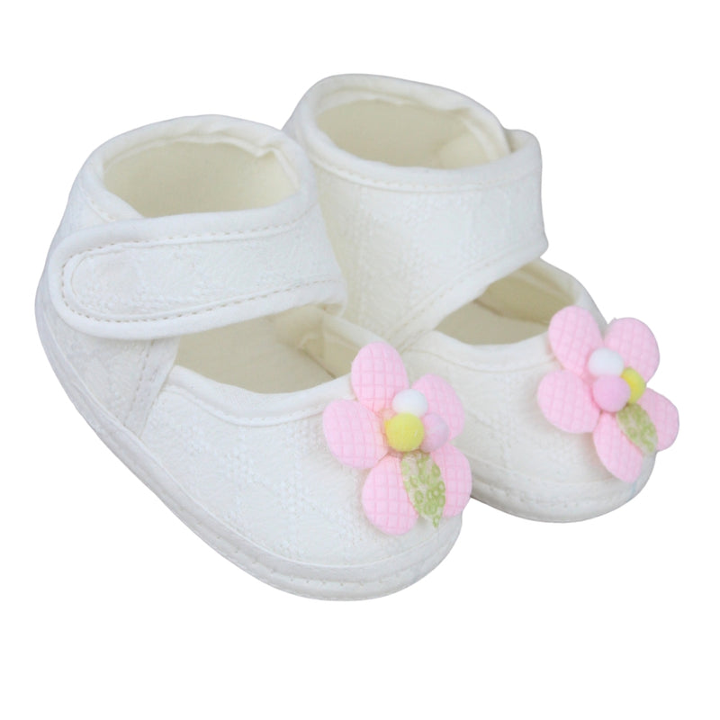 Baby Girls Cotton Floral White,Pink Velcro Belly Booties-BT5326