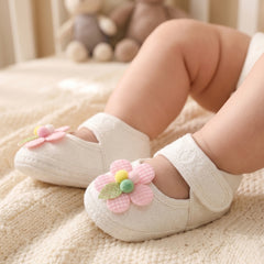 Baby Girls Cotton Floral White,Pink Velcro Belly Booties-BT5326