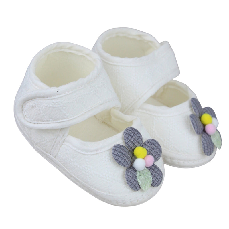 Baby Girls Cotton Floral White,Grey Velcro Belly Booties-BT5327
