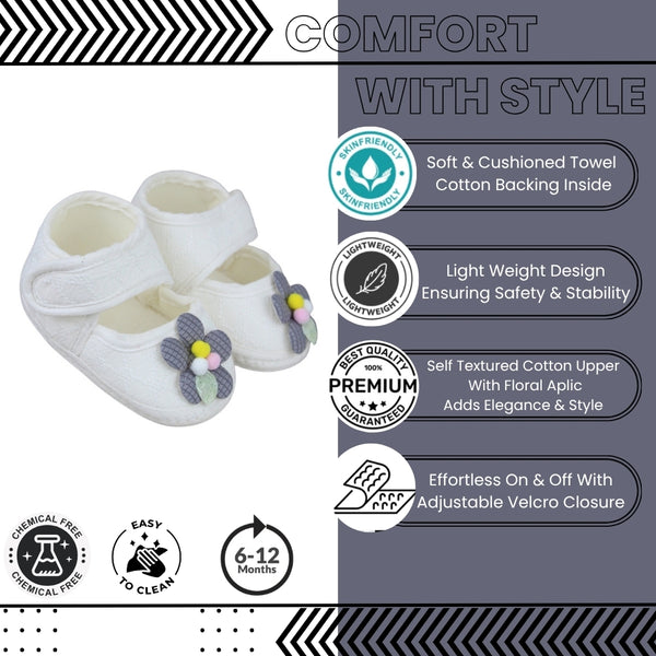 Baby Girls Cotton Floral White,Grey Velcro Belly Booties-BT5327