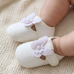 Baby Girls Cotton Butterfly White,Purple Velcro Sandal Booties-BT5328