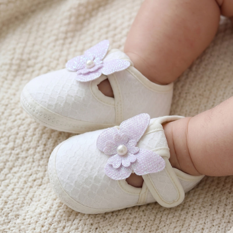 Baby Girls Cotton Butterfly White,Purple Velcro Sandal Booties-BT5328