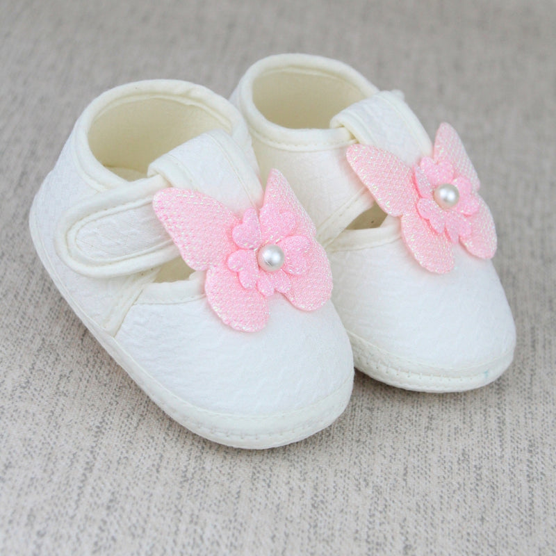 Baby Girls Cotton Butterfly White,Pink Velcro Sandal Booties-BT5330