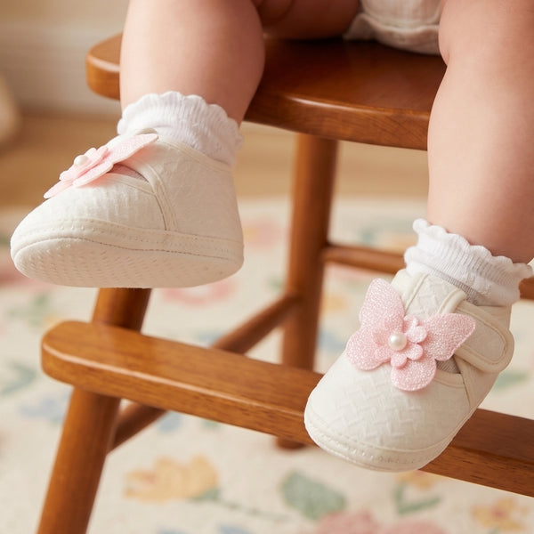 Baby Girls Cotton Butterfly White,Pink Velcro Sandal Booties-BT5330