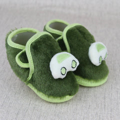 Baby Unisex Fur Car Face Green Double Velcro Booties-BT5331