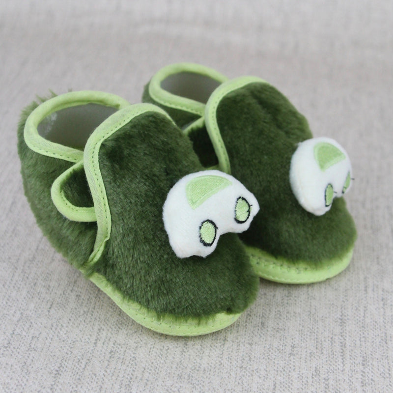 Baby Unisex Fur Car Face Green Double Velcro Booties-BT5331