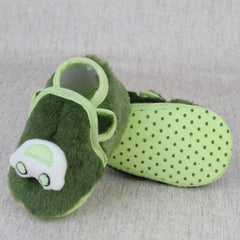 Baby Unisex Fur Car Face Green Double Velcro Booties-BT5331