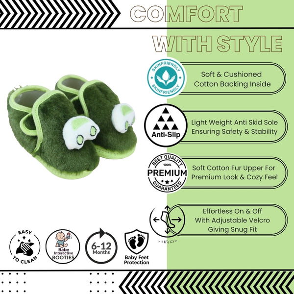 Baby Unisex Fur Car Face Green Double Velcro Booties-BT5331