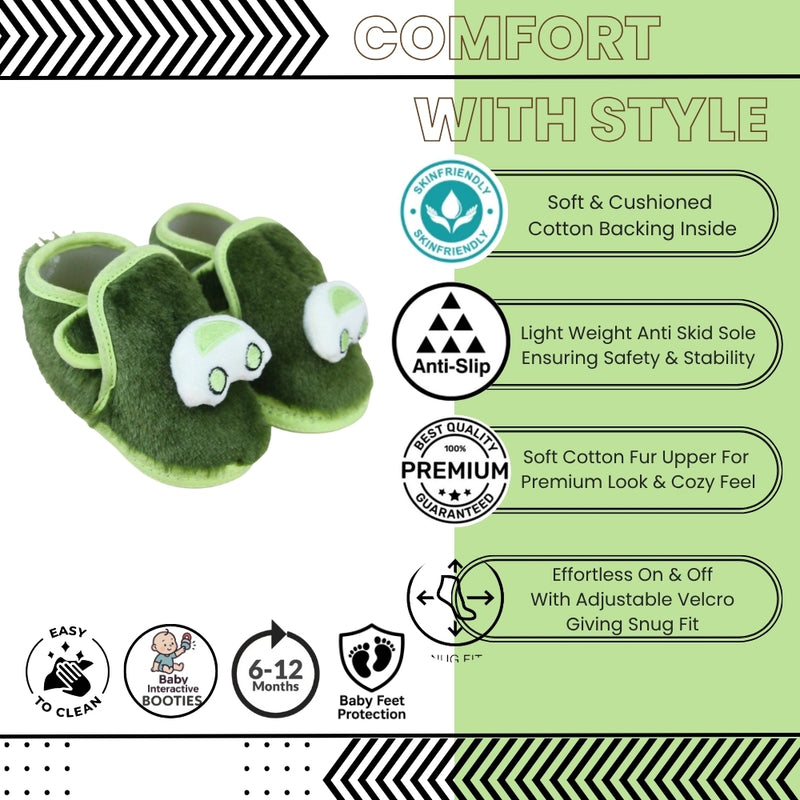 Baby Unisex Fur Car Face Green Double Velcro Booties-BT5331