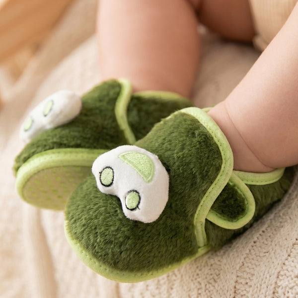 Baby Unisex Fur Car Face Green Double Velcro Booties-BT5331