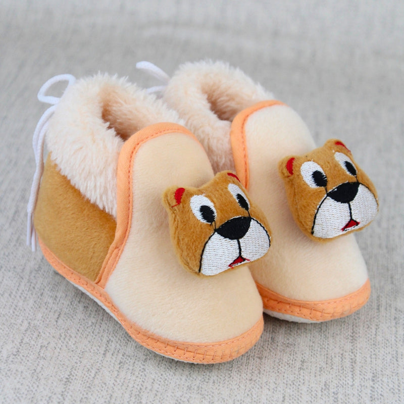 Baby Unisex Fur Teddy Face Brown Lace Booties-BT5332