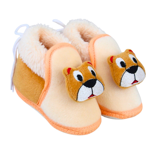 Baby Unisex Fur Teddy Face Brown Lace Booties-BT5332
