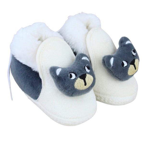 Baby Unisex Cotton Bear Face White,Grey Lace Booties-BT5333