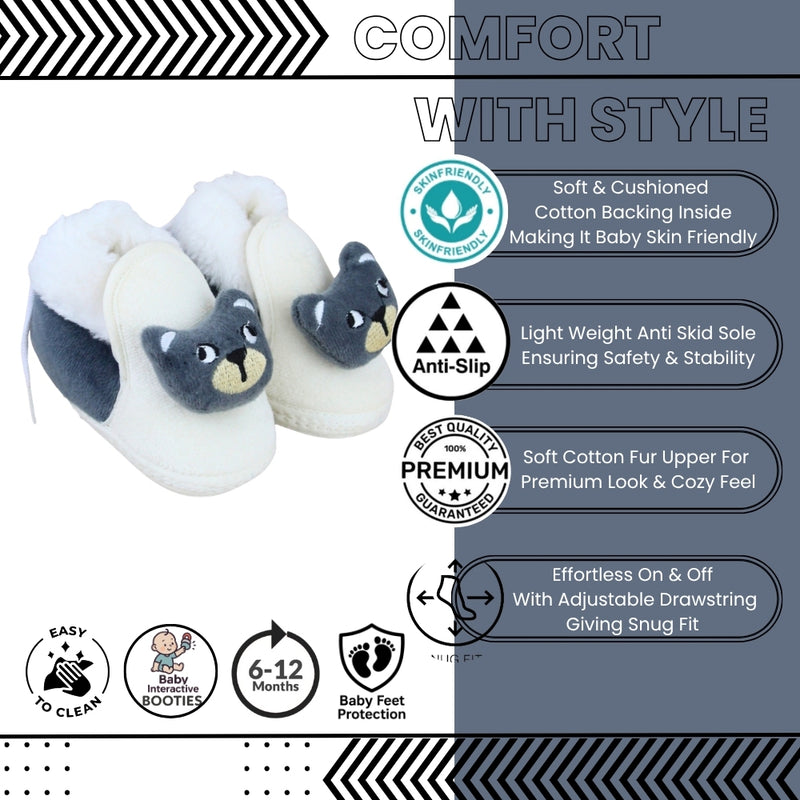 Baby Unisex Cotton Bear Face White,Grey Lace Booties-BT5333