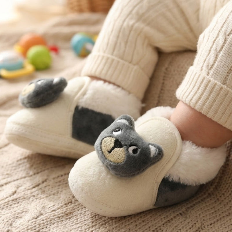 Baby Unisex Cotton Bear Face White,Grey Lace Booties-BT5333