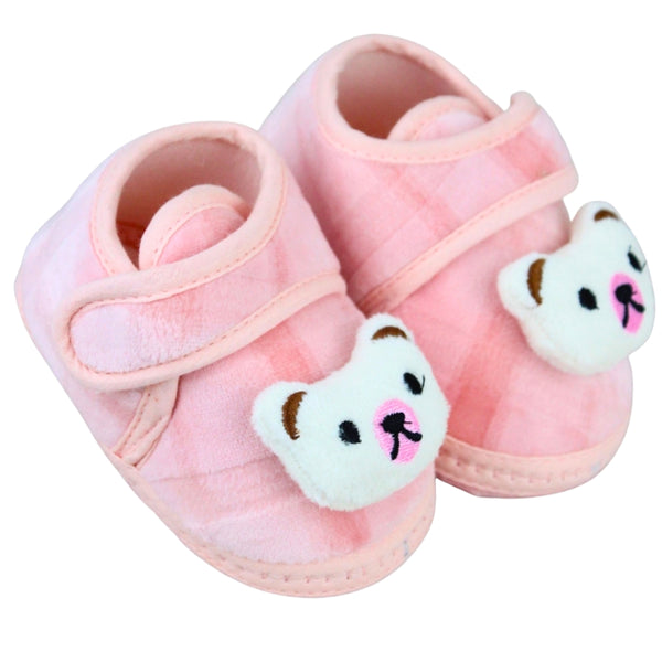 Baby Unisex Fur Bear Face Pink Velcro Booties-BT5334