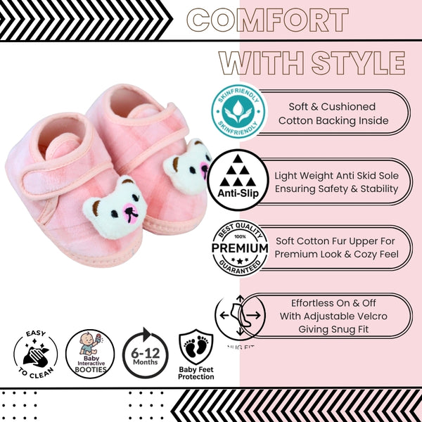 Baby Unisex Fur Bear Face Pink Velcro Booties-BT5334