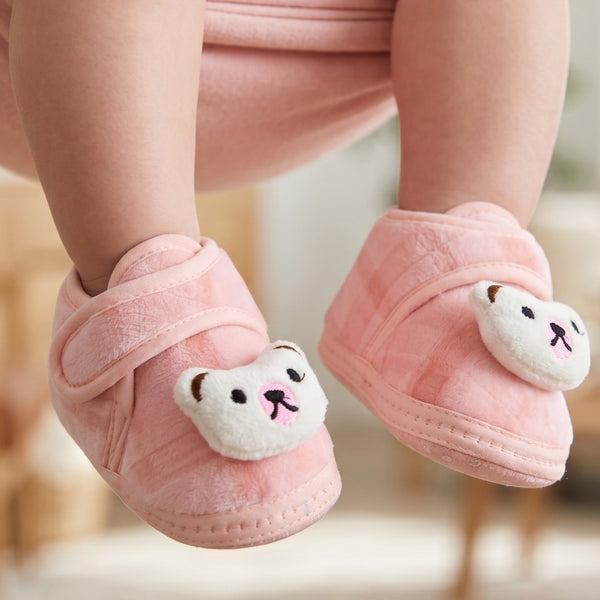 Baby Unisex Fur Bear Face Pink Velcro Booties-BT5334