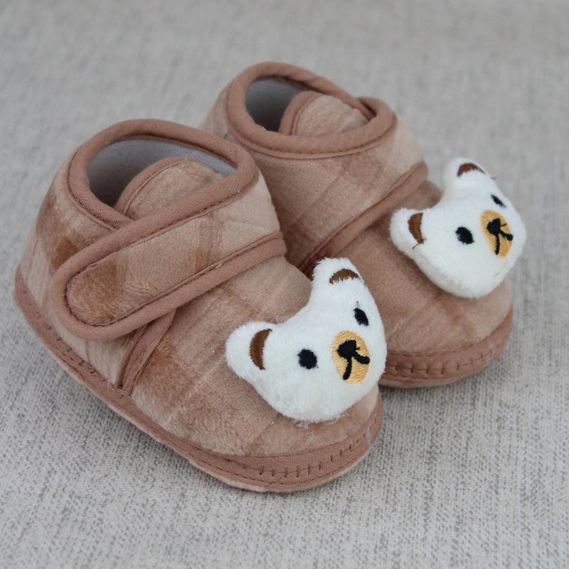 Baby Unisex Fur Bear Face Brown Velcro Booties-BT5335