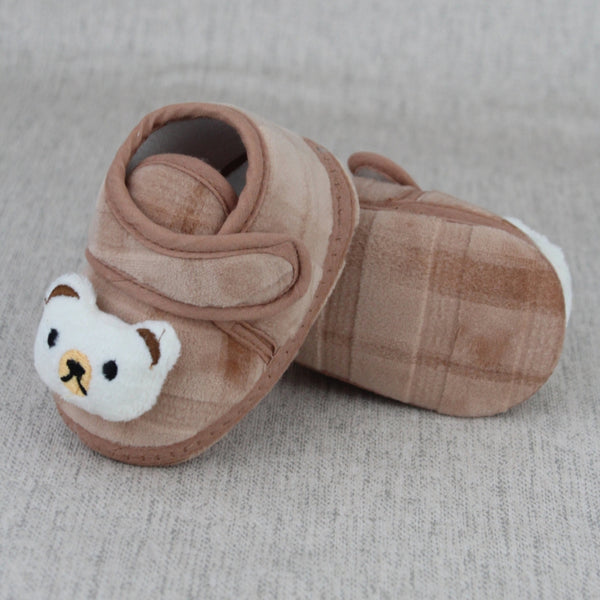 Baby Unisex Fur Bear Face Brown Velcro Booties-BT5335