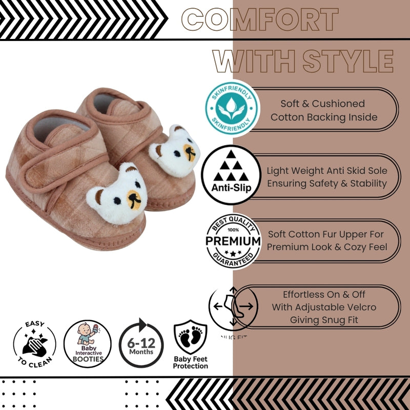 Baby Unisex Fur Bear Face Brown Velcro Booties-BT5335