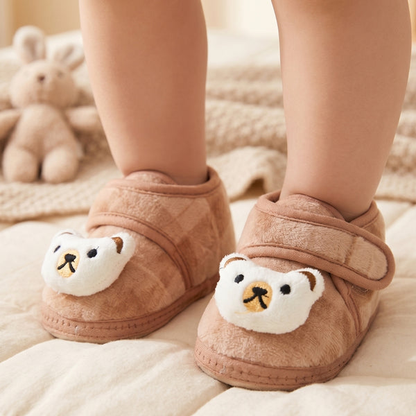 Baby Unisex Fur Bear Face Brown Velcro Booties-BT5335