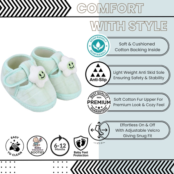 Baby Unisex Fur Star Face Green Velcro Booties-BT5336