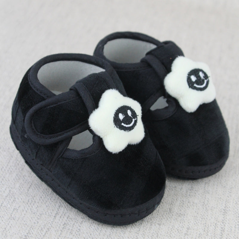 Baby Unisex Fur Star Face Black Velcro Booties-BT5338