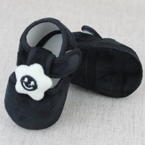 Baby Unisex Fur Star Face Black Velcro Booties-BT5338