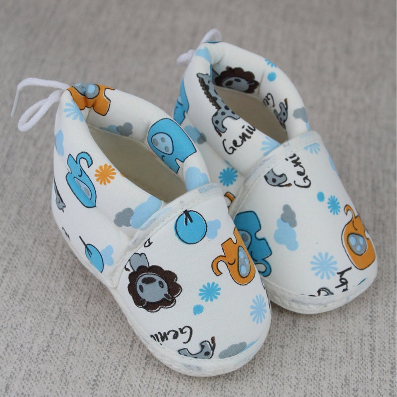 Baby Unisex Cotton Animal Printed White,Blue Velcro Booties-BT5339